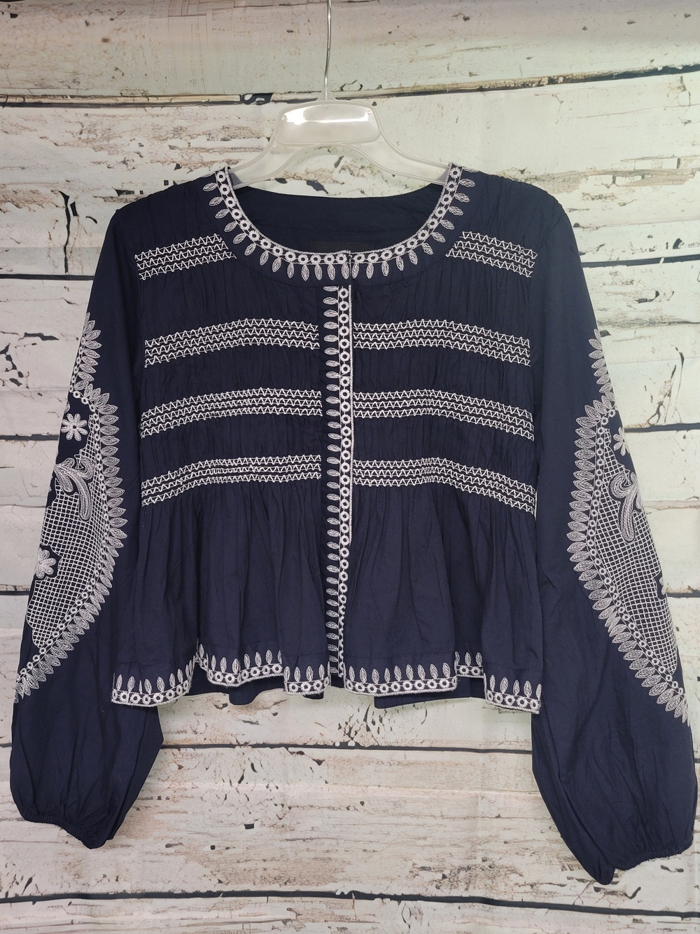 7 For All Mankind Embroidered Boho Peasant Blouse Navy White Cotton Size L